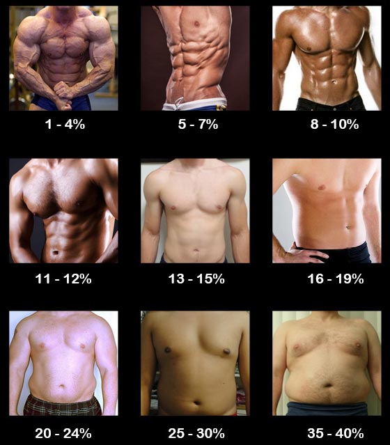 Percentual de gordura de diversas faixas de peso em homens
