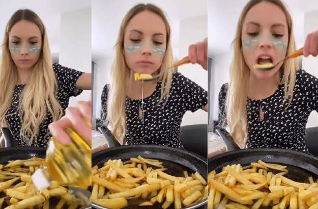 Vídeo em que a mulher come batata frita com muito óleo viralizou nas redes sociais 